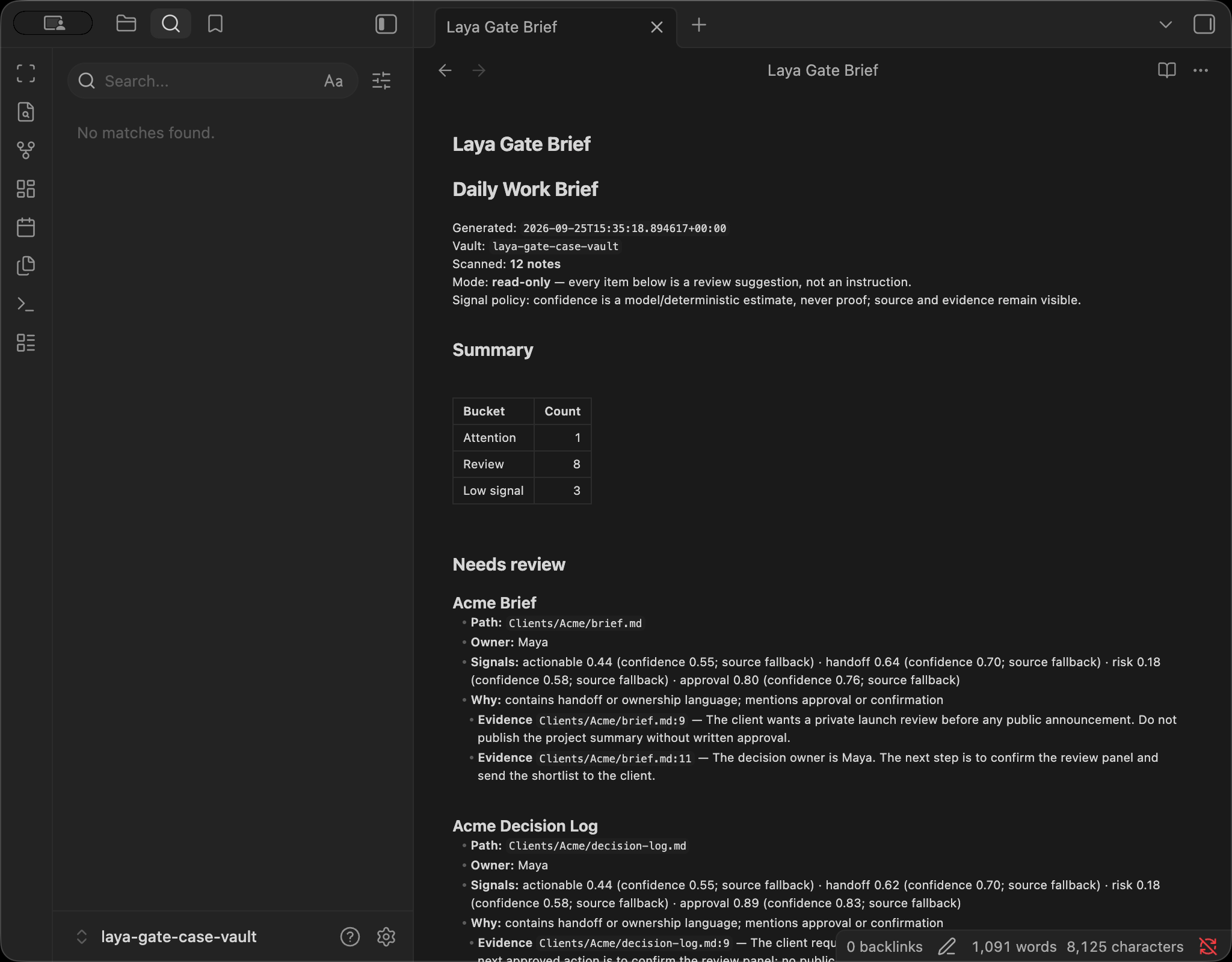Synthetic vendor handoff source note in Obsidian